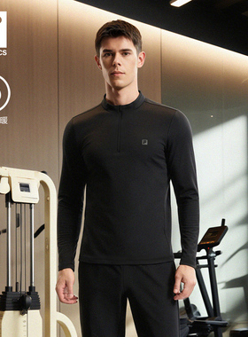 加绒|FILA斐乐官方男运动长袖T恤秋季新款健身半拉链长袖上衣黑色