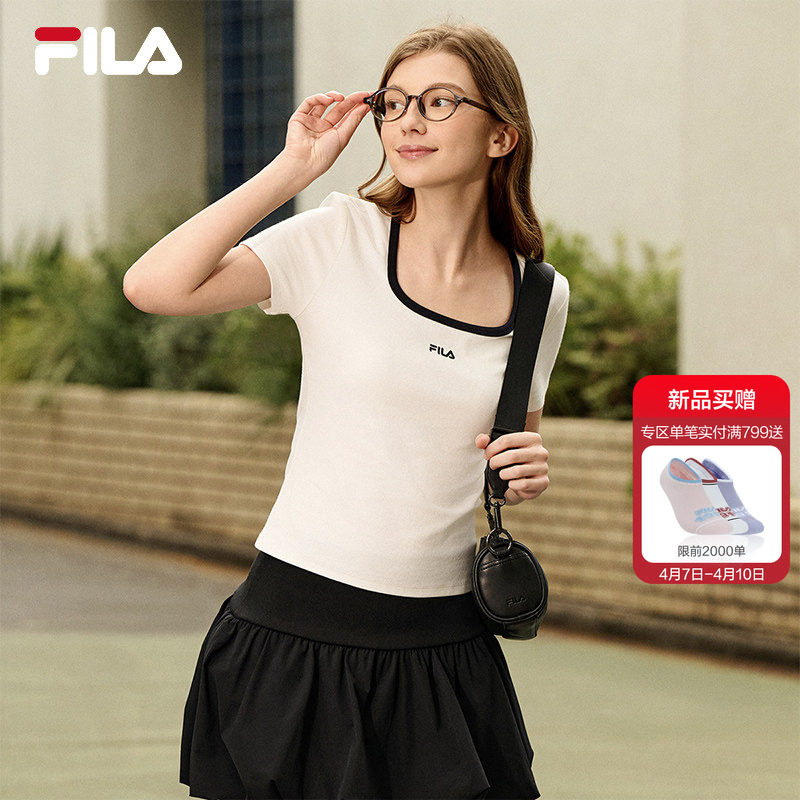 FILA斐乐短袖T恤女2026夏季新款简约运动修身撞色U领短款上衣白色