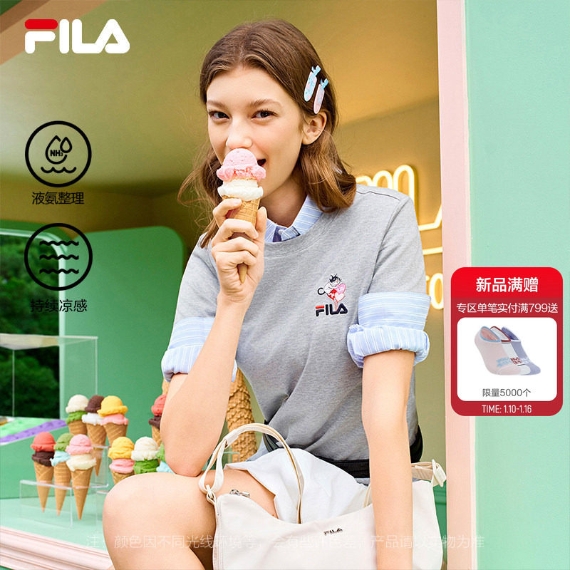 FILA斐乐针织短袖T恤女2026春新款凉感休闲小猫刺绣圆领修身上衣