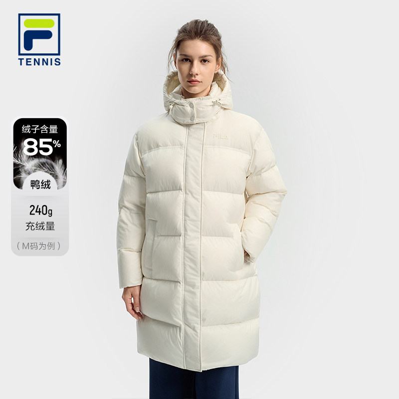 FILA斐乐女士中长款保暖羽绒服2025冬新款网球运动宽松连帽厚外套