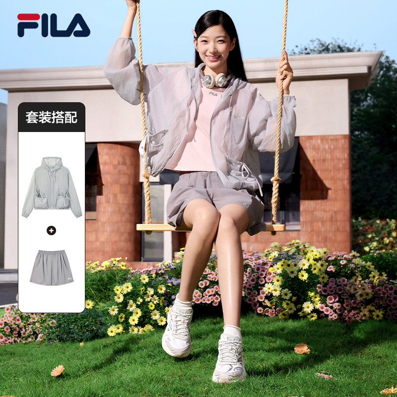 FILA斐乐官方女套装2026夏连帽上衣外套防晒衣休闲三分裤