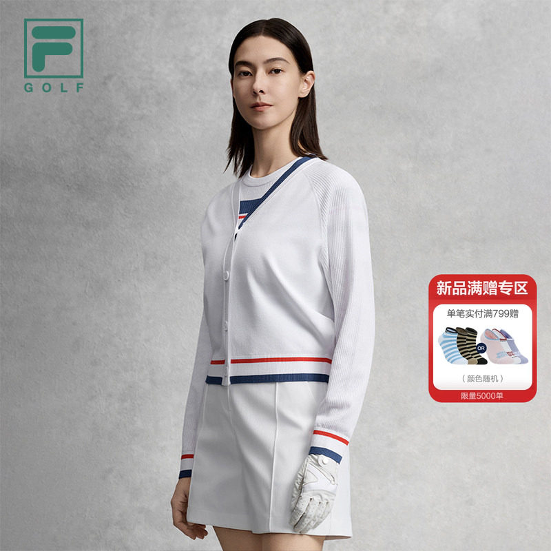 FILA 斐乐官方女士编织外套2026夏新款高尔夫运动舒适V领开衫毛衣