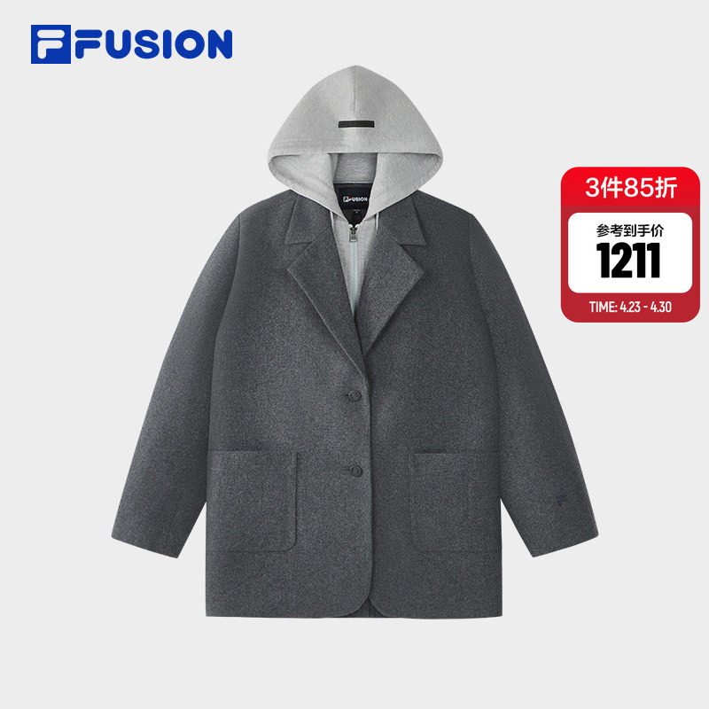 FILA FUSION斐乐潮牌呢子外套女2026春季新款假两件连帽西装外套