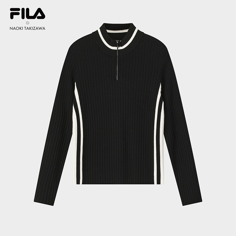 FILA 斐乐官方女长袖编织衫毛衣冬季新款修身拼色半拉链保暖上衣