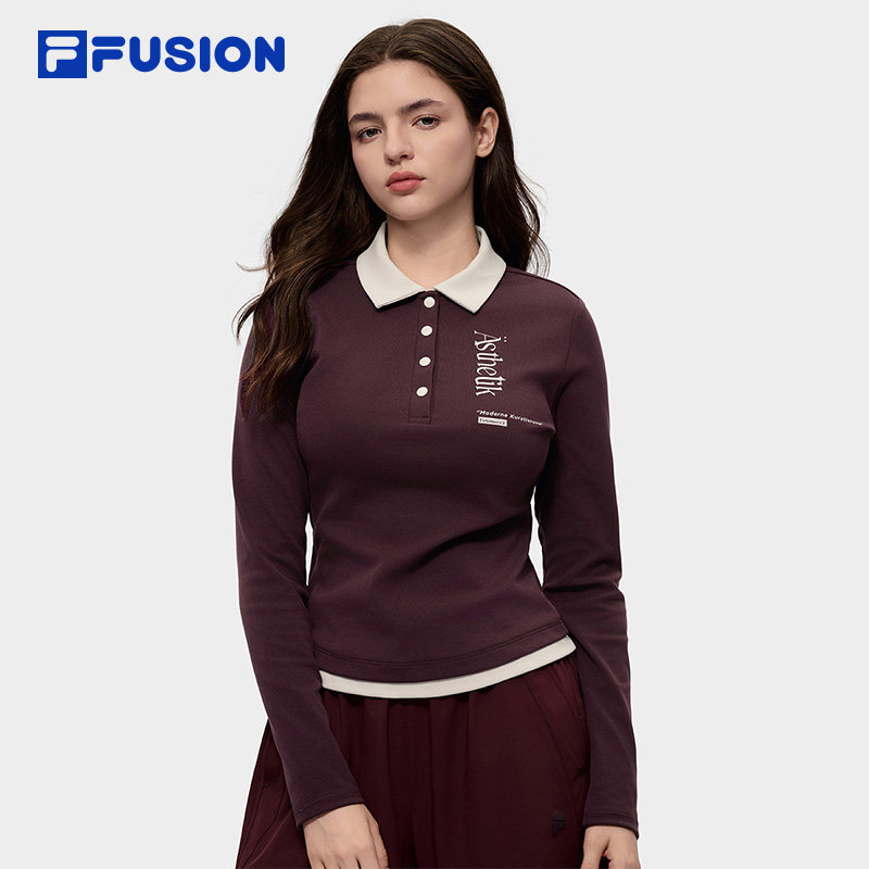 FILA FUSION斐乐潮牌女红色长袖衫2026春新年款修身假两件POLO衫,运动服/休闲服装,运动POLO衫,淘宝优惠券,粉丝福利购,淘宝优惠卷