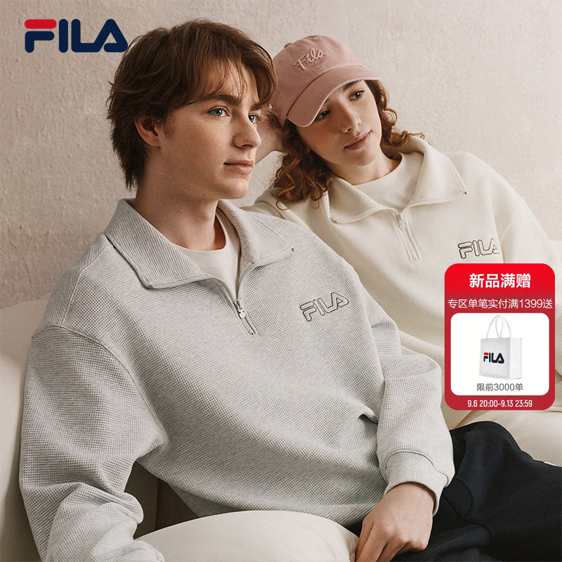 斐乐华夫格卫衣丨FILA半拉链男女同款卫衣情侣宽松POLO翻领女上衣