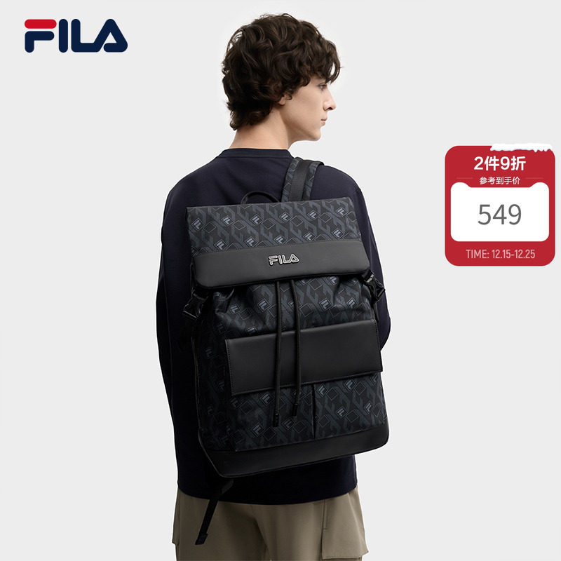黑武士|FILA 斐乐官方男士背包休闲翻盖通勤双肩包书包电脑包挎