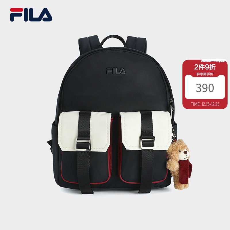背包|FILA 斐乐官方女包时尚休闲撞色双肩包多口袋小挂件黑色书