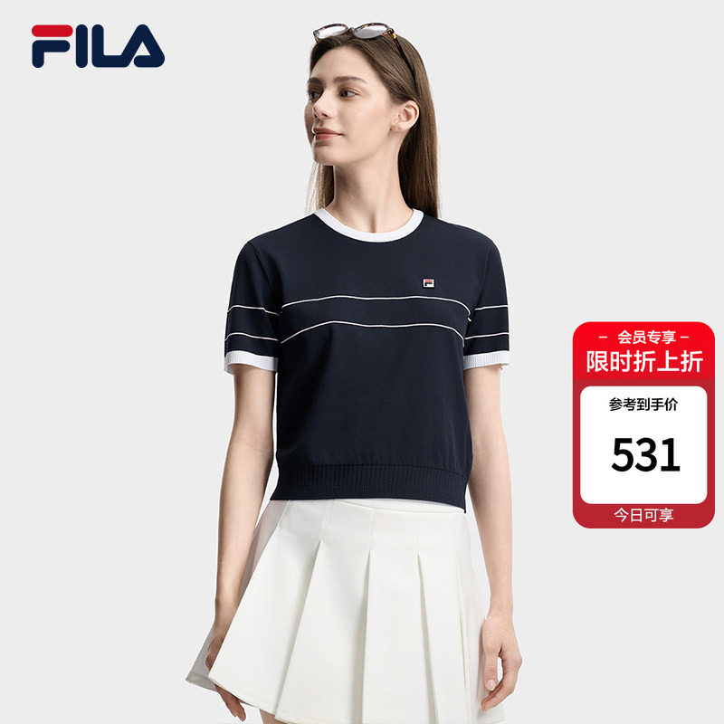 FILA斐乐官方短袖编织衫2026新款女装上衣简约质感撞色亲肤T恤