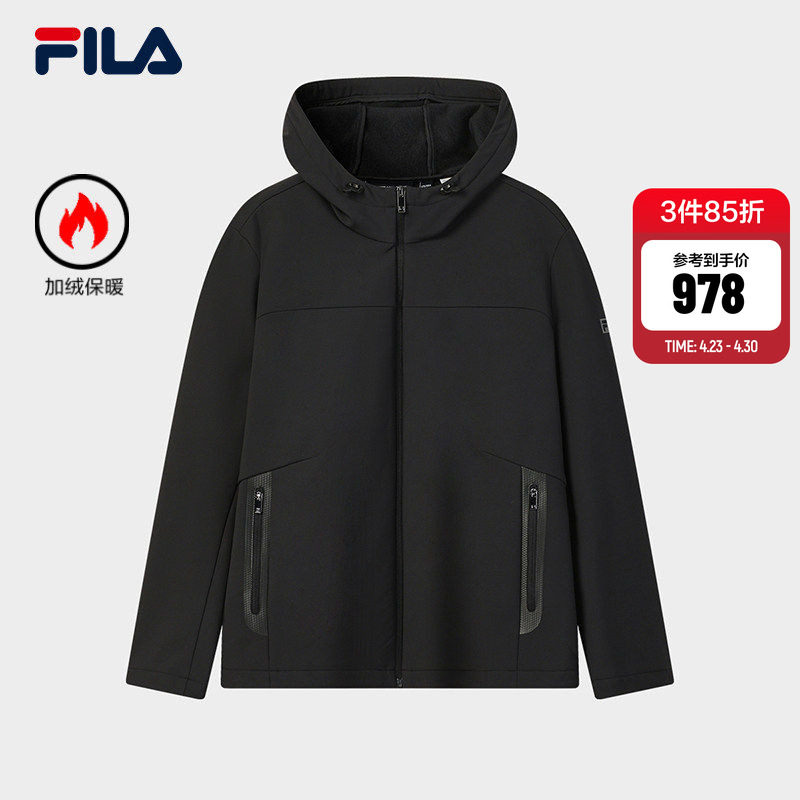 FILA 斐乐官方男士梭织外套简约基础加绒黑色连帽抓绒运动上衣