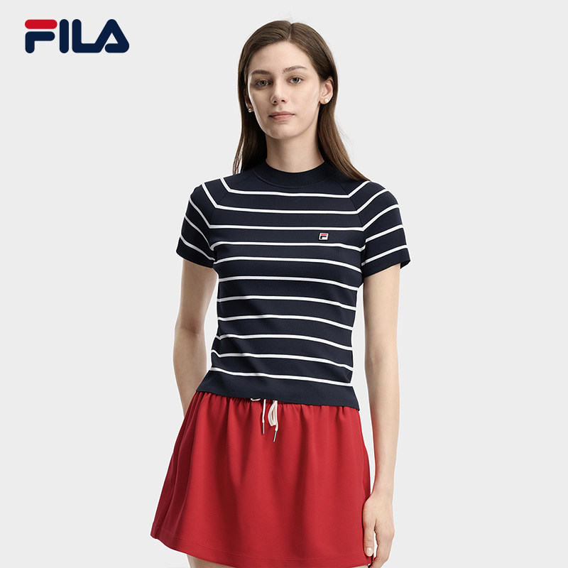 杨幂同款FILA斐乐官方短袖编织衫女夏季新款清新条纹运动短款上衣