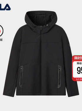 FILA 斐乐官方男士梭织外套简约基础加绒黑色连帽抓绒运动上衣