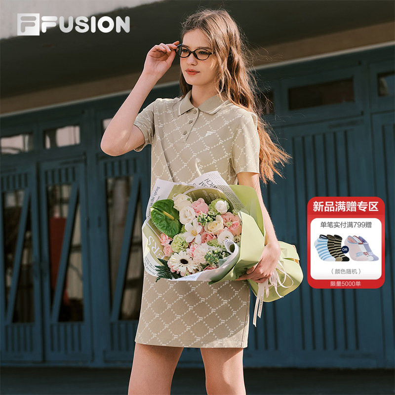 FILA FUSION斐乐潮牌女子针织连衣裙2026夏季新款满印纯棉POLO裙