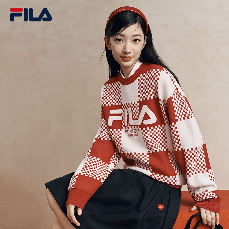 马上起飞FILA斐乐官方情侣长袖毛衣女编织保暖红色新年运动上衣男