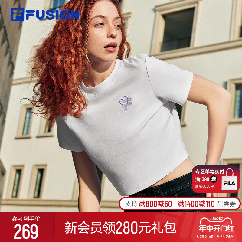 FILA FUSION斐乐潮牌女子运动T恤2024夏新款休闲圆领短袖上衣女