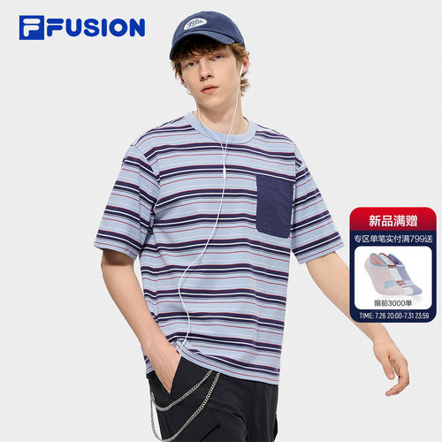 FILA FUSION斐乐潮牌男子针织短袖衫2026秋季新款休闲宽松条纹T恤