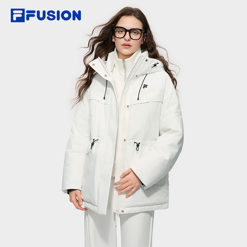 FILA FUSION斐乐潮牌中长款羽绒服女2025冬新款宽松保暖连帽外套