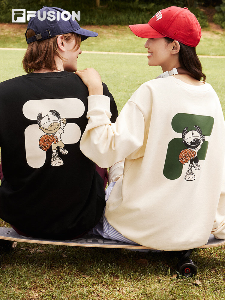 FILA FUSION FILA 트렌디 브랜드 커플 스타일 벨벳 운동복 남성용 2024 가을 여성을위한 새로운 느슨한 라운드 넥 탑