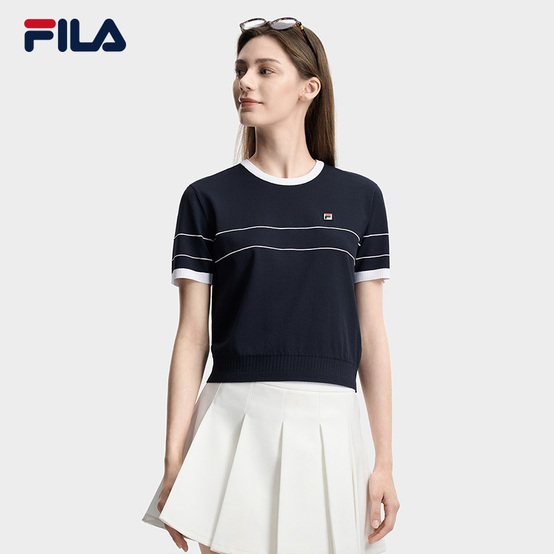 FILA 斐乐官方女子编织衫2026夏季新款简约基础短袖T上衣撞色短装