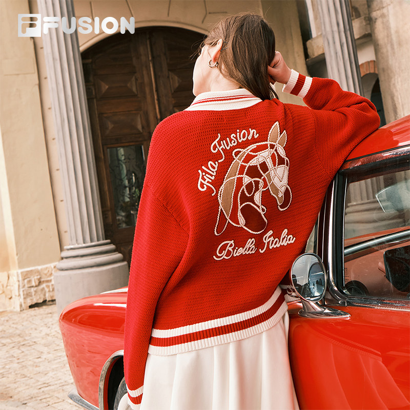 马上起飞 | 编织外套FILA FUSION斐乐潮牌2026春新年款红毛衣开衫