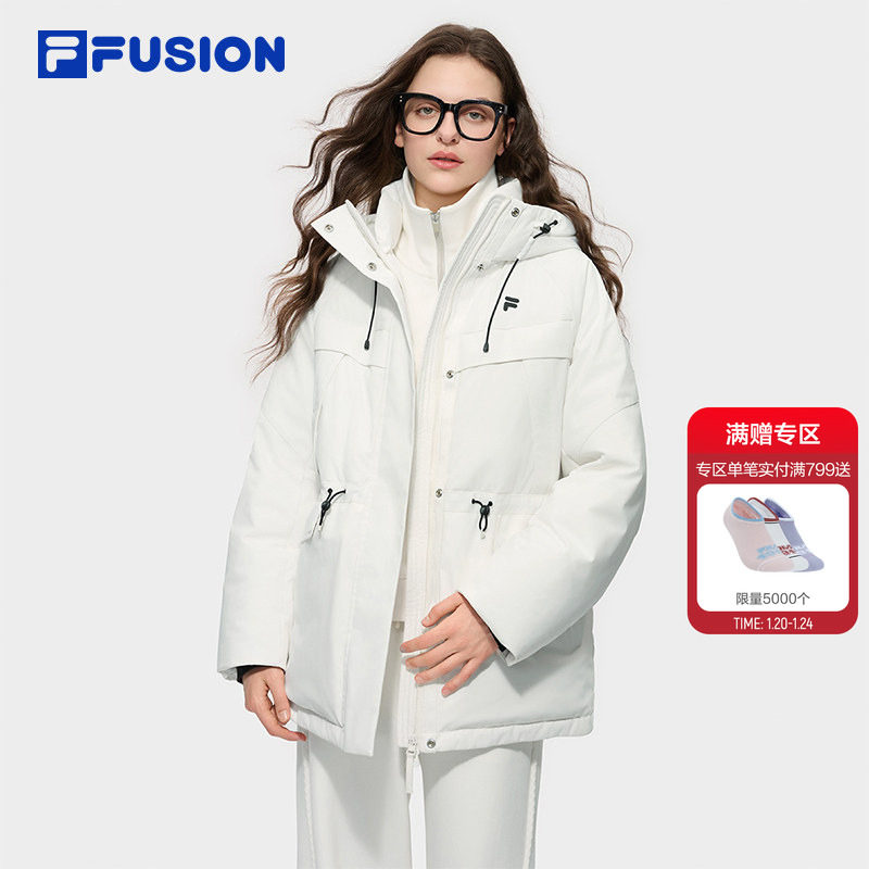 FILA FUSION斐乐潮牌中长款羽绒服女2025冬新款宽松保暖连帽外套,运动服/休闲服装,运动羽绒服,淘宝优惠券,粉丝福利购,淘宝优惠卷