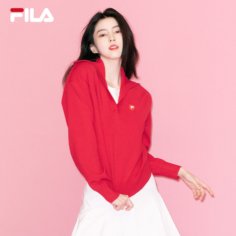 韩素希同款FILA斐乐马上起飞腮红毛衣新年长袖编织衫春季新款上衣
