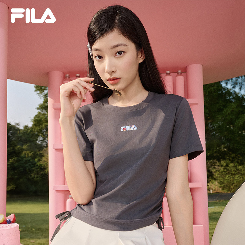 FILA斐乐双侧抽绳女子短袖T恤2026夏季新款休闲运动刺绣修身