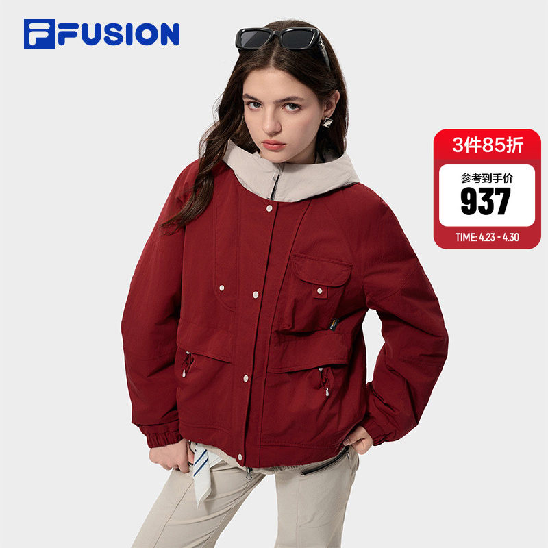 FILA FUSION斐乐潮牌棉服女2026春新款休闲宽松红色外套连帽夹克