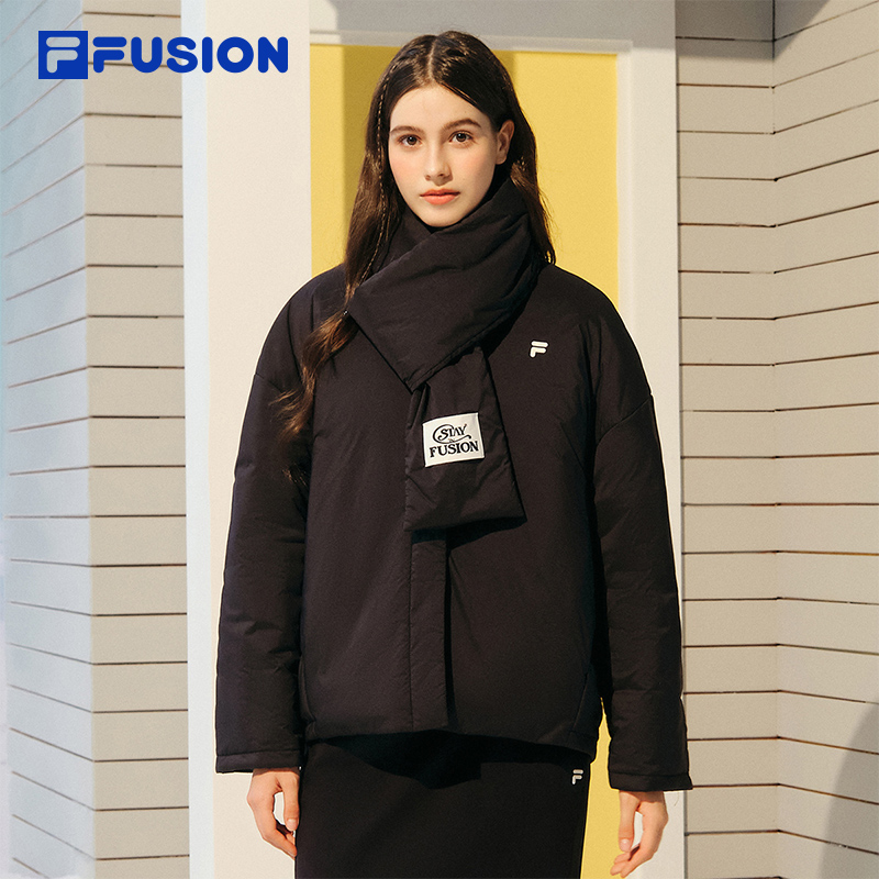FILA FUSION斐乐潮牌棉服女2025冬新款时尚休闲宽松保暖围巾外套