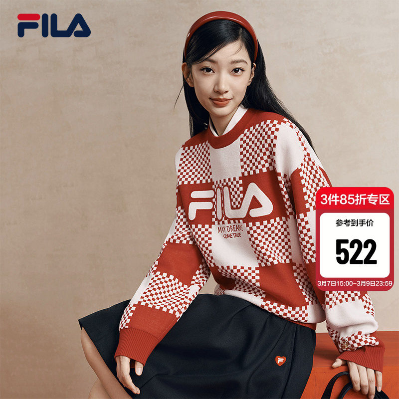 马上起飞FILA斐乐官方情侣长袖毛衣女编织保暖红色新年运动上衣男