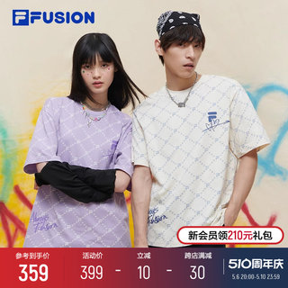 FILA FUSION斐乐潮牌情侣款老花短袖T2024春新纯棉情人节T恤男女