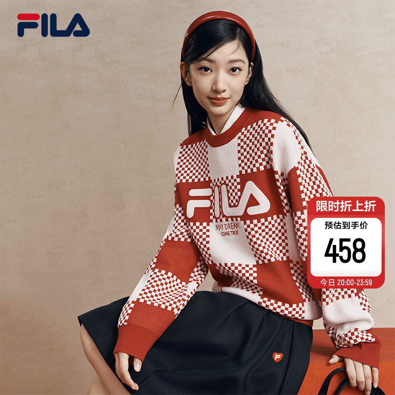 马上起飞FILA斐乐官方情侣长袖毛衣女编织保暖红色新年运动上衣男