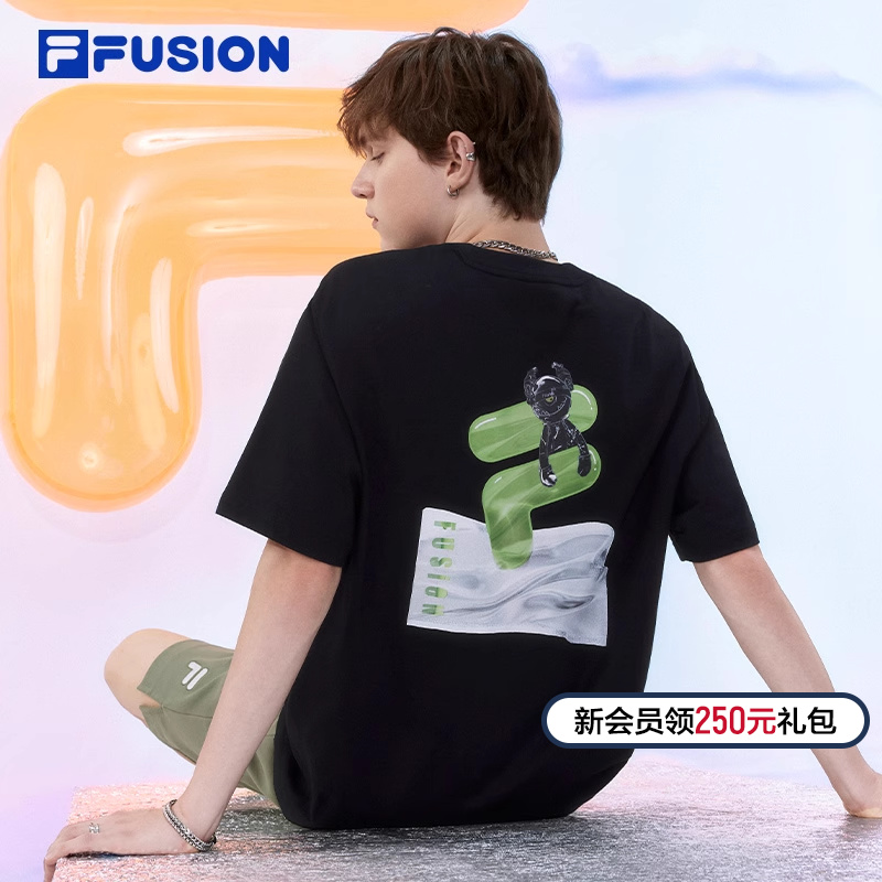 FILA FUSION斐乐潮牌情侣款针织短袖T男2024夏新款多彩纯棉T恤女