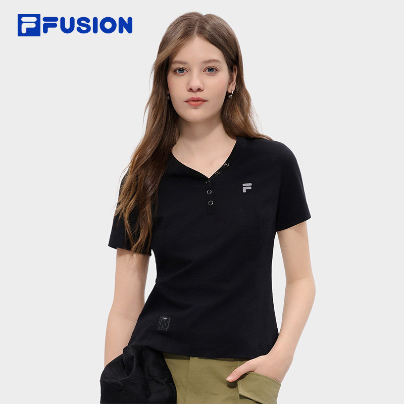 FILA FUSION斐乐潮牌女子针织短袖衫2026夏季新款休闲修身V领T恤