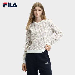 FILA 斐乐官方编织衫秋冬女子时尚休闲基础满印长袖套头毛衣上衣