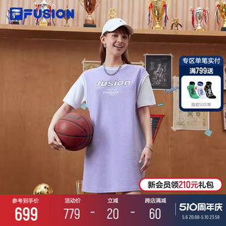 FILA FUSION斐乐潮牌连衣裙女2024夏季新款宽松运动假两件T恤长裙