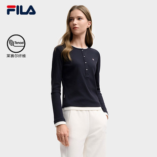 打底亨利衫 FILA 拼色假两件休闲修身 T恤女2025冬新款 斐乐官方长袖