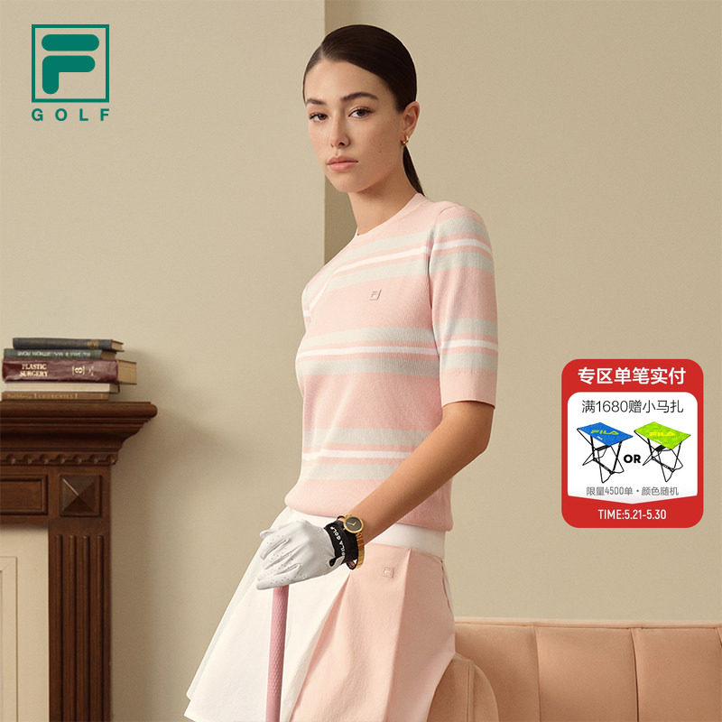 何沐妮同款FILA斐乐官方条条衫编织衫女夏季新款高尔夫运动毛衣