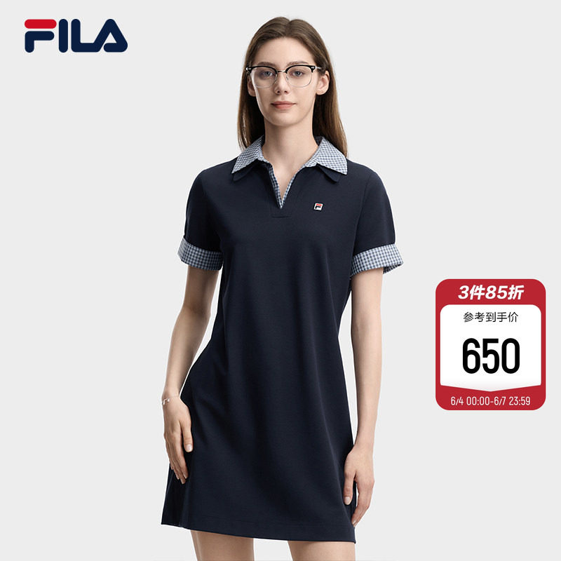 FILA 斐乐官方女针织连衣裙2026夏新款简约休闲假两件格子POLO裙