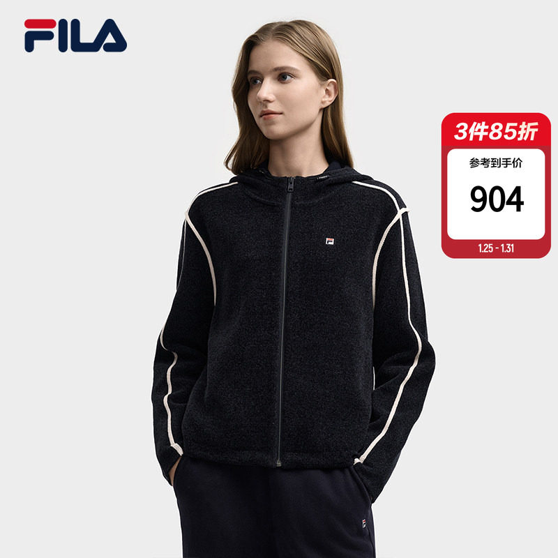 FILA 斐乐官方长袖保暖编织连帽外套女冬季新款时尚休闲运动毛衣