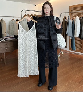 widelia老板娘春夏镂空蕾丝吊带裙女叠穿黑色亮片纱裙连衣裙6553