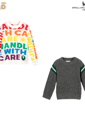 现货Stella McCartney Kids 童装云朵流苏开衫字母 灰绿拼色毛衣