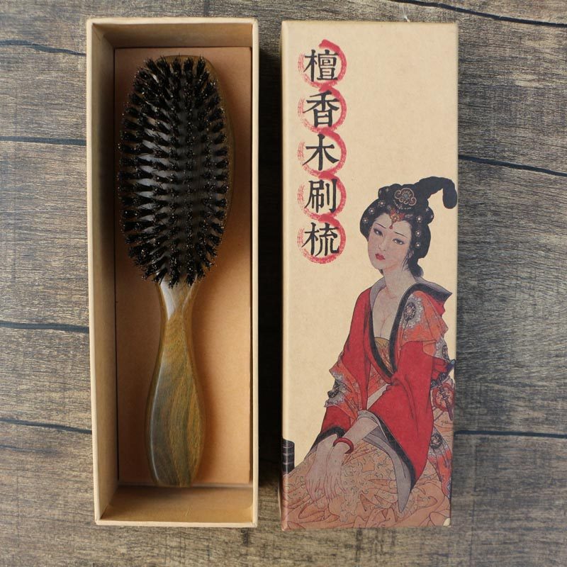 天然绿檀木梳子猪鬃毛刷木梳檀香梳抚顺发丝耐用实木梳子长20厘米