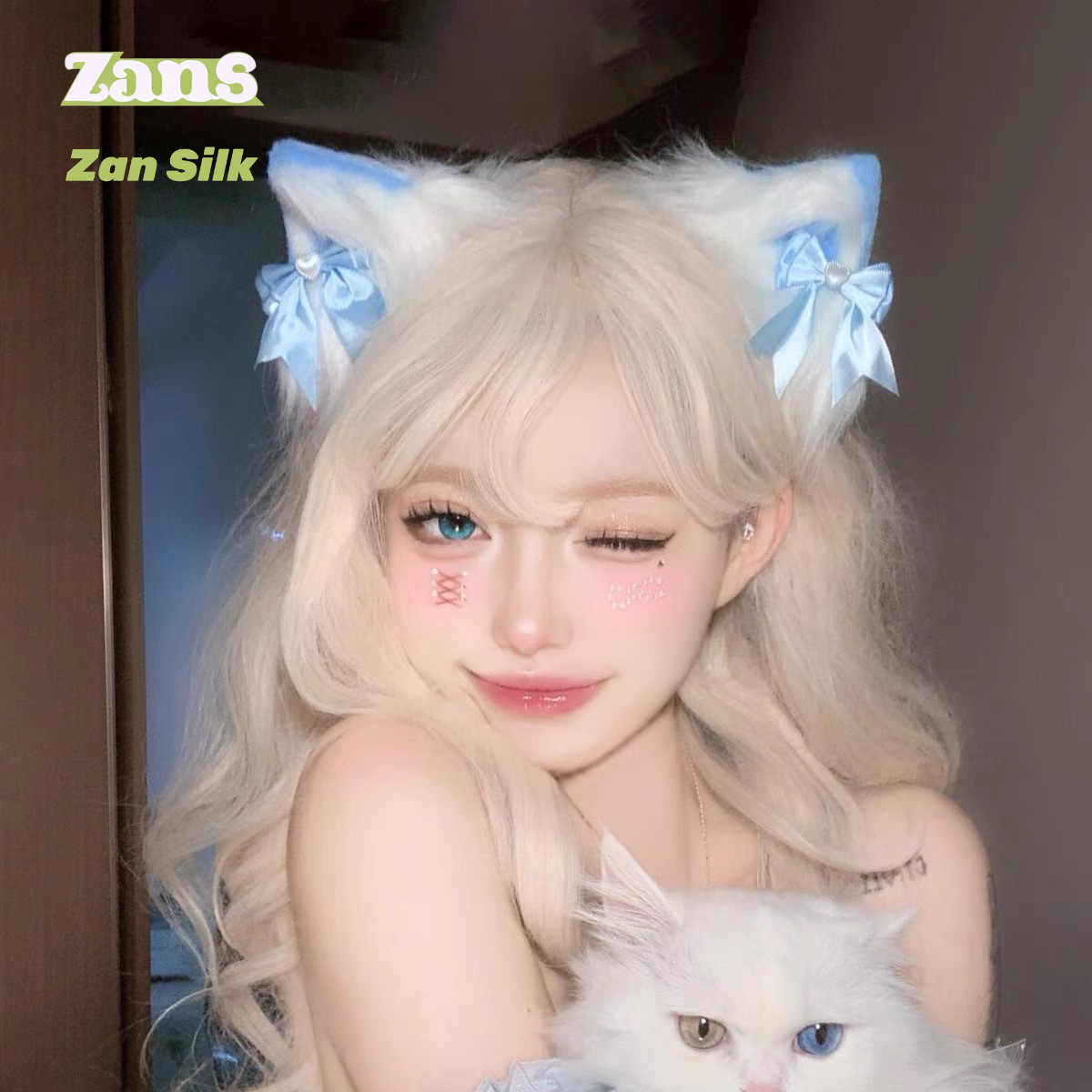 蓝色猫耳朵头饰女甜美Lolita漫展女仆发夹cos毛绒猫娘兽耳发饰卡