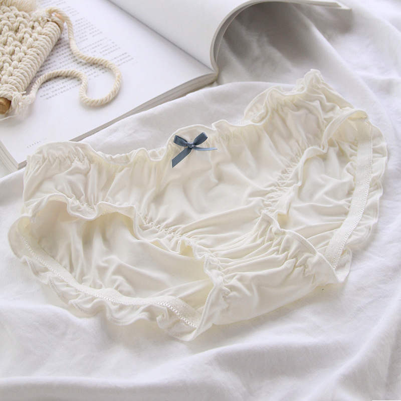 奶fufu 奶油白色日系学院风少女木耳边蝴蝶结纯色棉裆内裤女冰丝