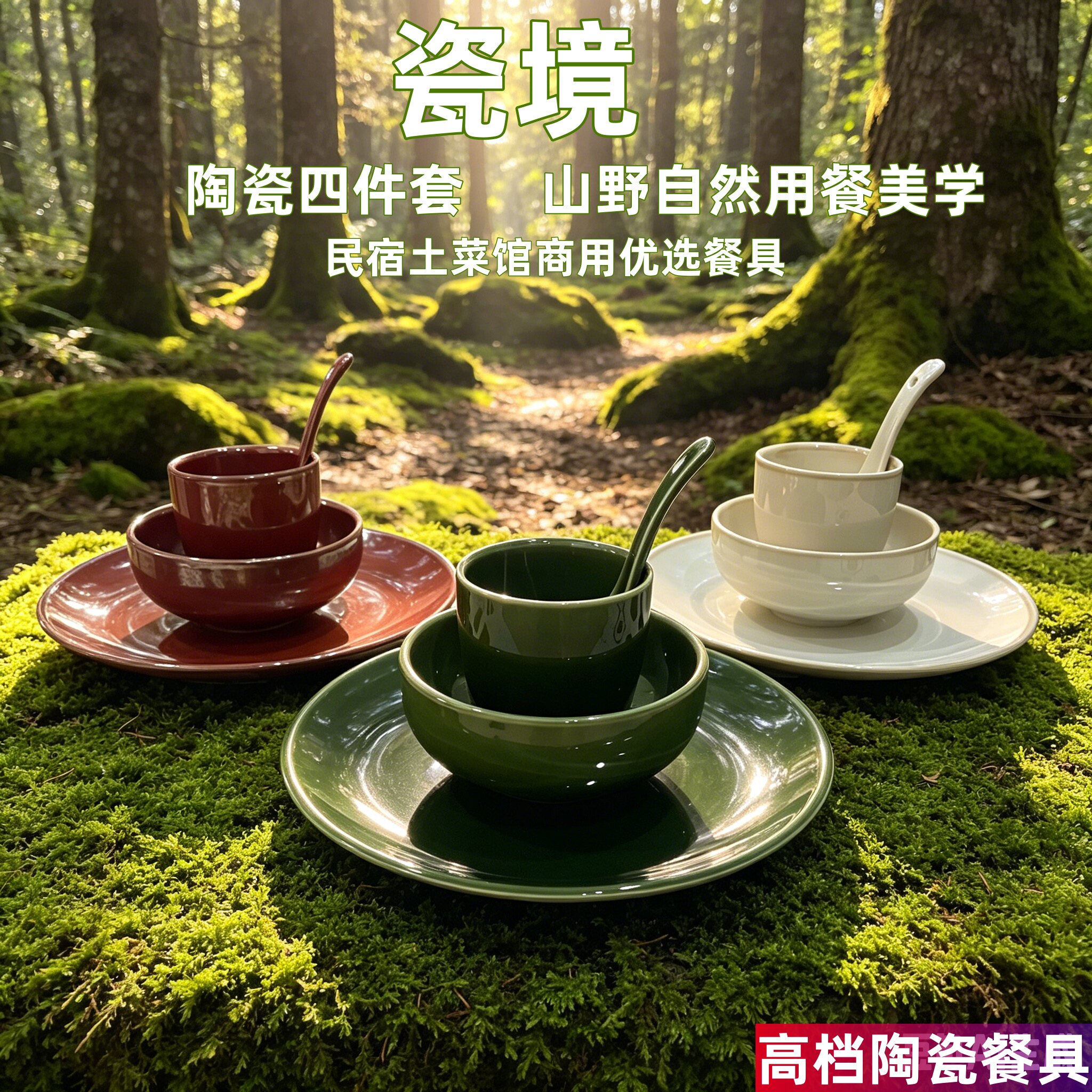 山野风餐厅陶瓷复古酒店摆台四件套餐具碗盘碟勺子可定制店名LOGO