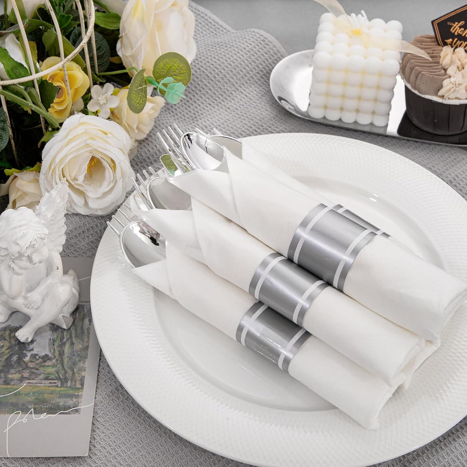 一次性塑料电镀银色刀叉勺餐巾纸套装派对玫瑰金色三件套餐具黑色