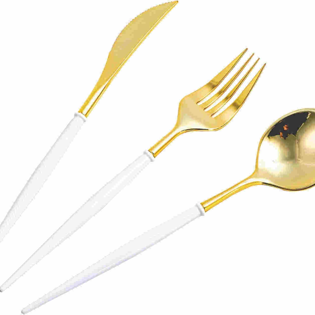 硬塑料一次性金色白色手柄刀叉勺 镀金黑色手柄西餐派对餐具聚会