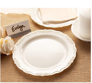 一次性盘子浮雕盘硬塑料花边盘粉色西餐刀叉勺可重复使用蛋糕盘碟