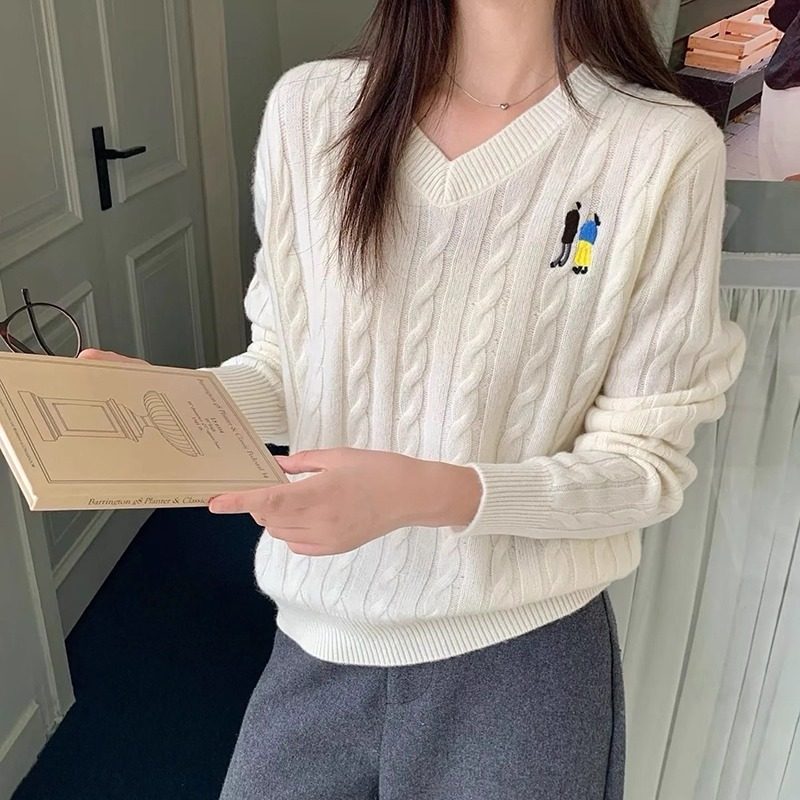 100%羊毛韩系甜美V领麻花长袖针织衫女羊毛衫高级感软糯套头毛衣